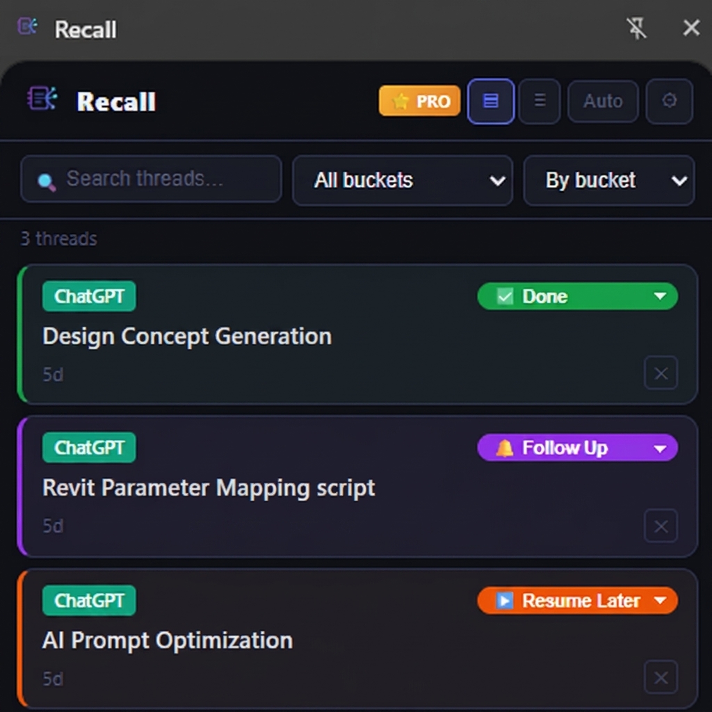 Recall Browser Extension Interface illustrating threads filed in structured category buckets inside a side panel